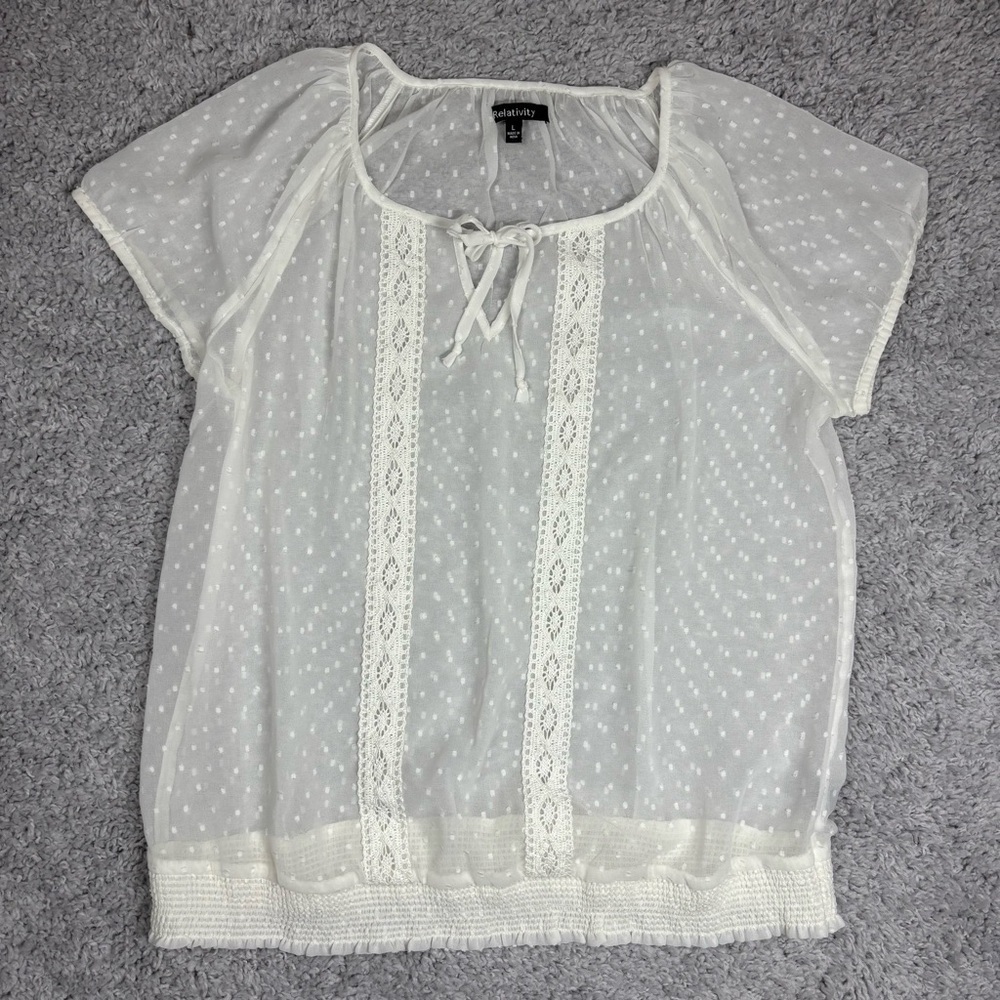 Relativity Top Womens Large Tie Neck Lace Sheer Blouse Short Sleeve Office Work